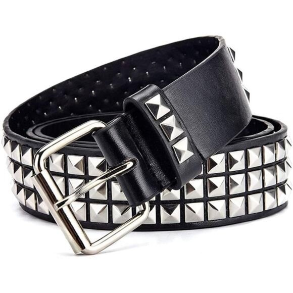 Black Studded Belt Punk Rock Rivet Belt Grommet Threads Belt with Bright Metal - Picture 2 of 8